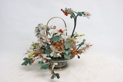Fine Chinese jade tree with cloisonne base