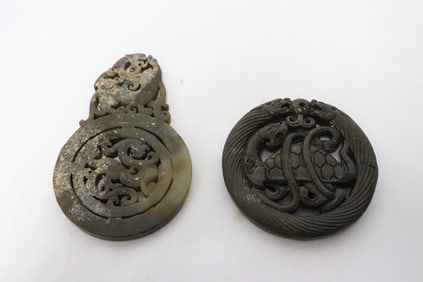 2 jade like stone carved ornaments