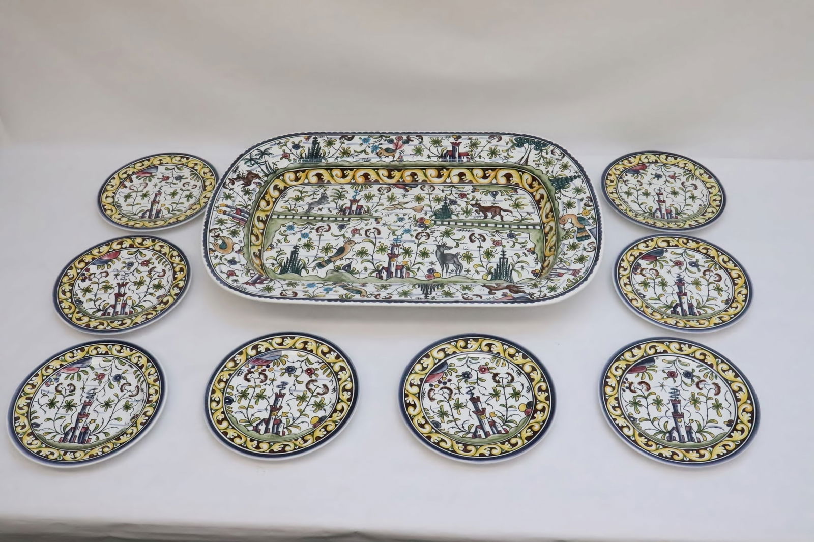 9 pieces hand painted porcelain plates: 9 pieces hand painted porcelain plates (0.8"x8"dia - 2.7"x15.5"x23.3"); including a massive square serving platter