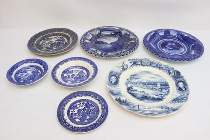 7 pieces vintage blue and white/ flow blue plates