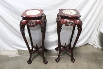 Pair marble top rosewood stands