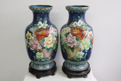 Pair large cloisonne vases with stands
