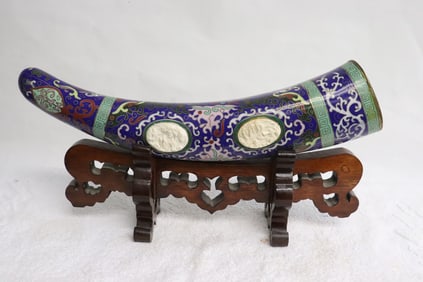 Chinese cloisonne horn w/.bone plaque, on wood stand