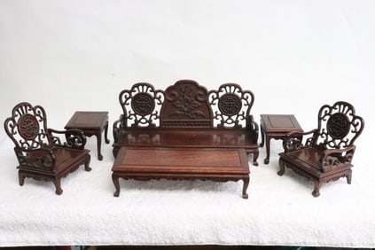 Chinese 6 pc miniature wood carved living room set