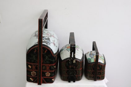 3 Chinese lacquer handled stacked box sets