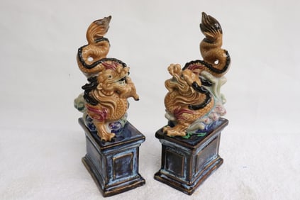 Pair Chinese sancai dragon motif ornaments