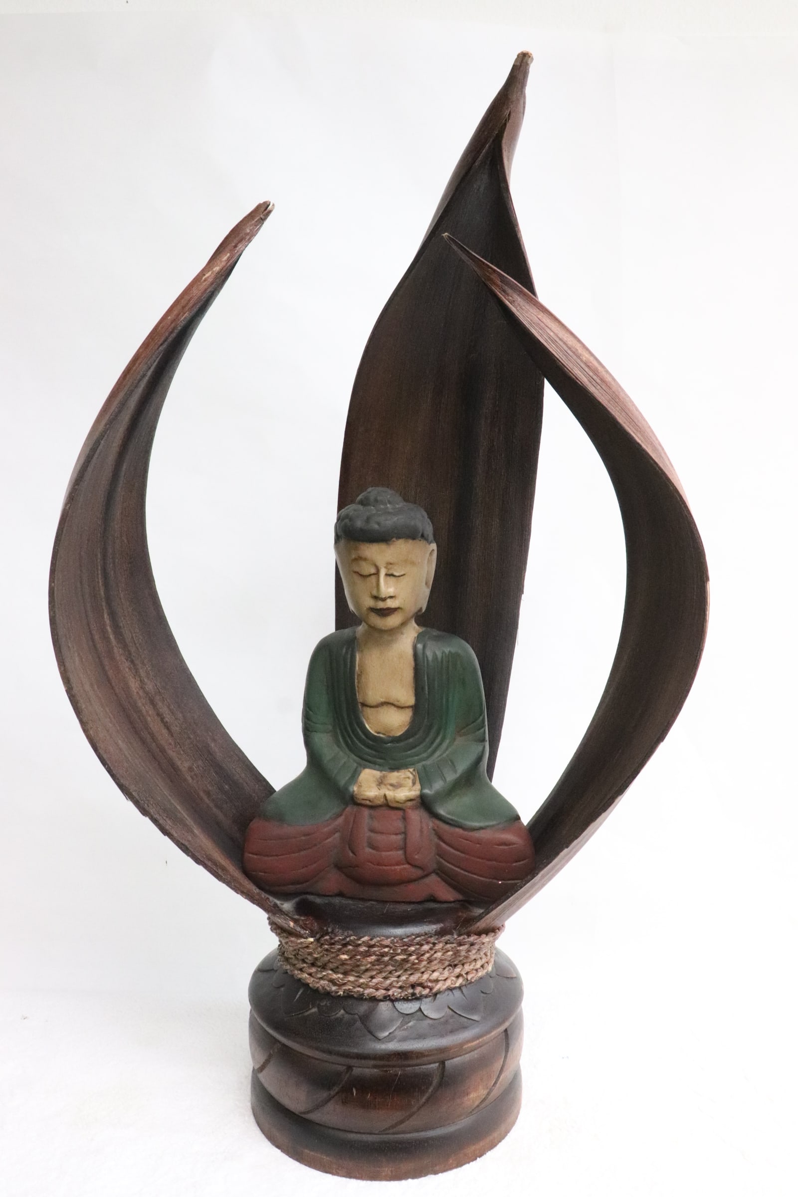 painted wood sculpture of Buddha enclosed in open shrine: Very unusual painted wood sculpture of Buddha sitting on pedestal and enclosed in an open shrine, 26.5"H