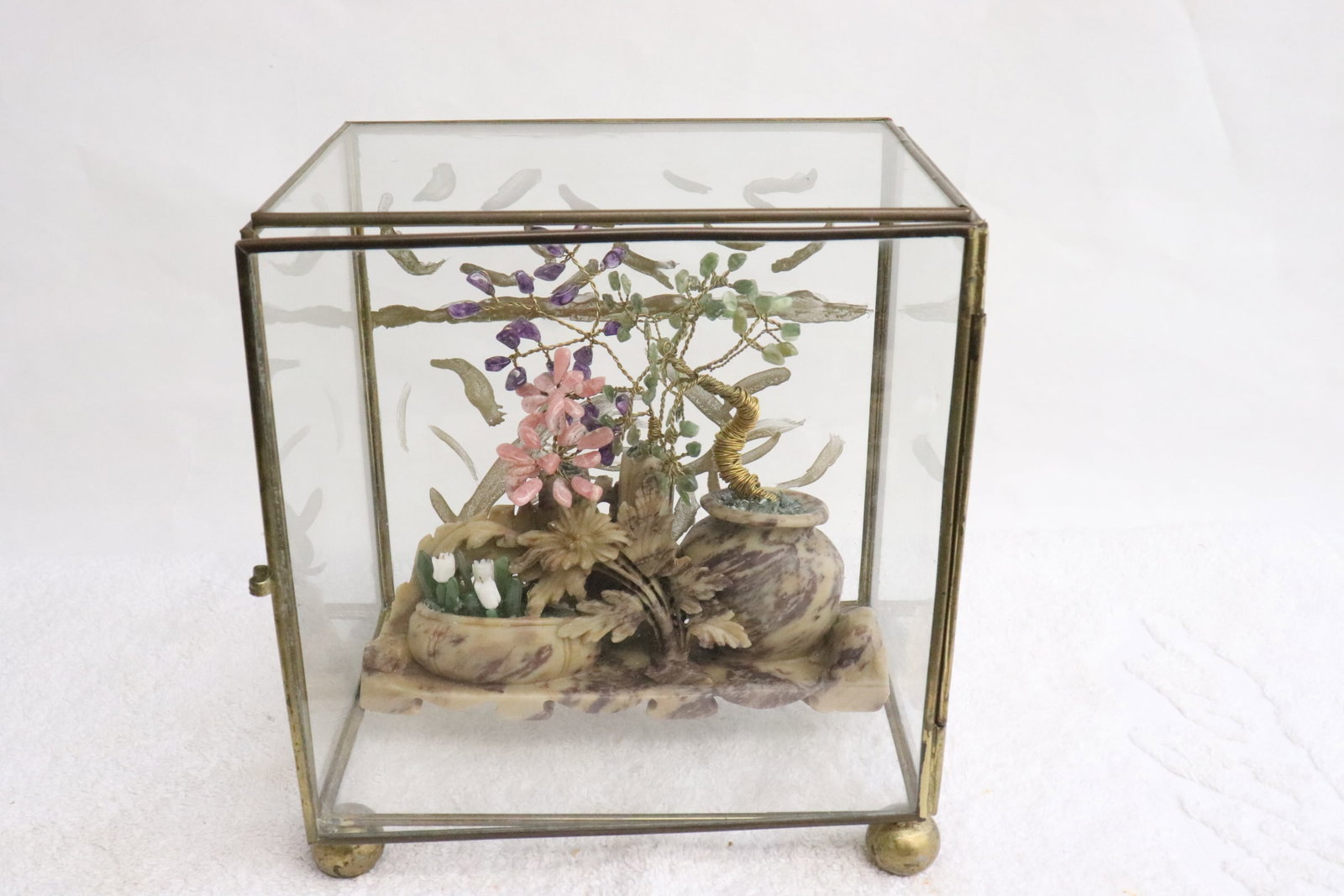 Chinese soapstone planter w/ tree in display case: Chinese soapstone planter with tree (5.3"H) decorated with amethyst, jade, coral, etc in display case (7.3"x6.7"x4.8")
