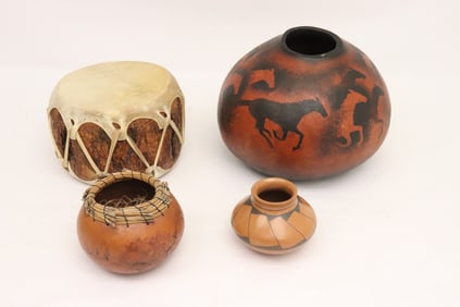 3 Indian pots, and a wood base drum
