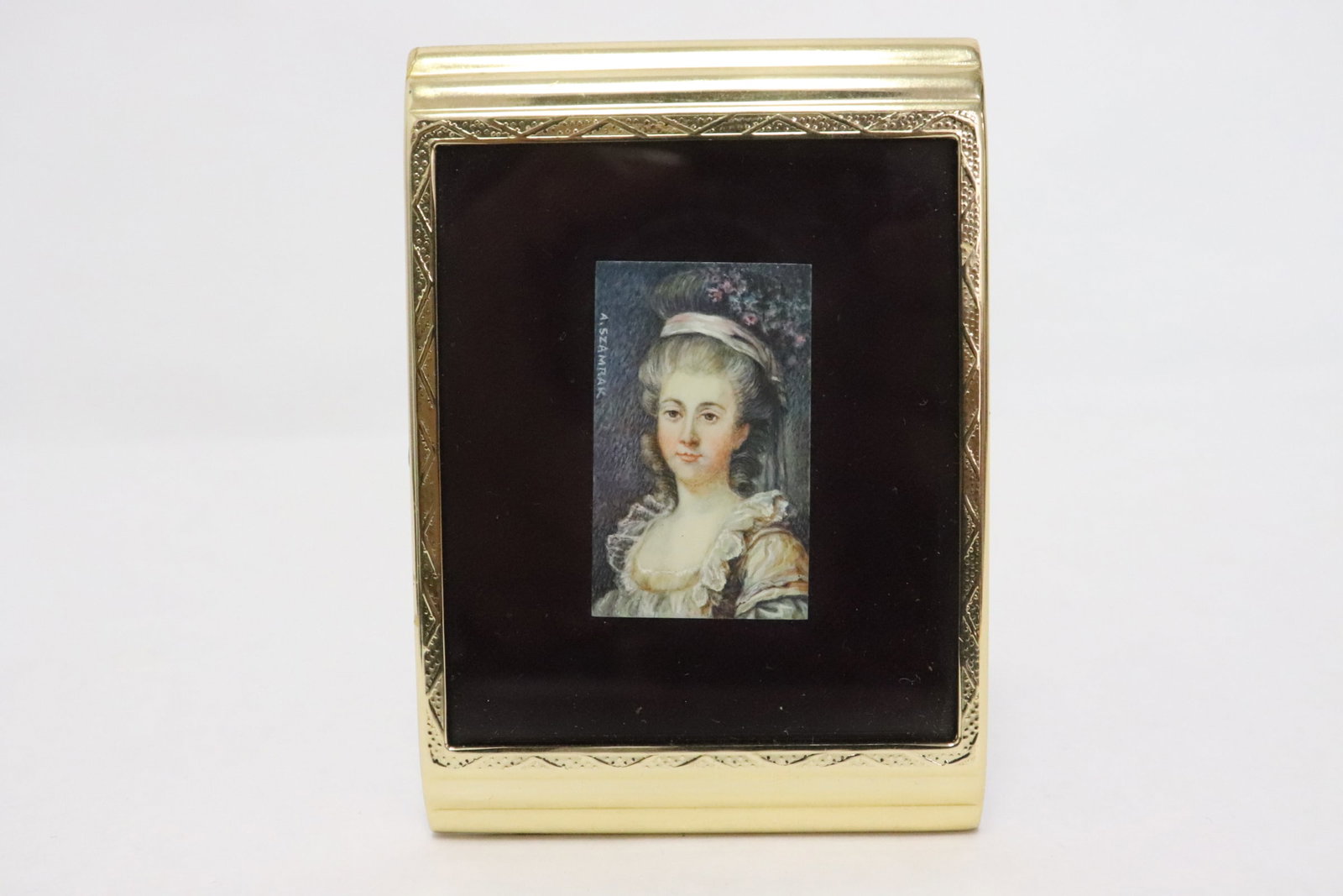 A Russian miniature painting, signed A. Szamrak: A Russian miniature painting on panel depicting the portrait of nobel lady, signed A. Szamrak for Alfred Szamrak, 0.3"x3.9"x2.8"