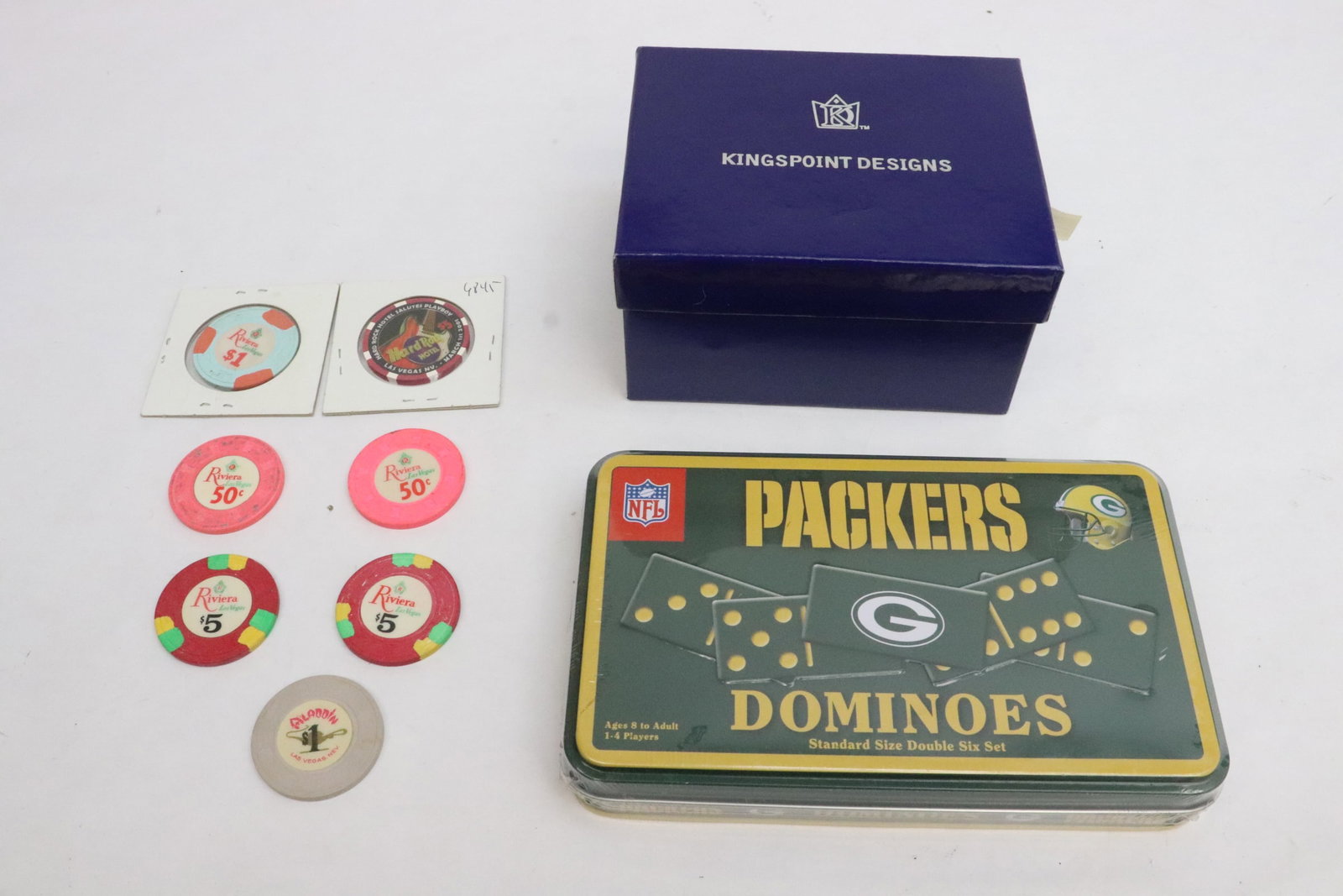 lot of misc.: 7 vintage Casino chips, an enamel metal horse (3.4"H), and a Green Bay Packer domino set