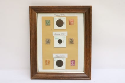 Panel of WWI coins and stamps
