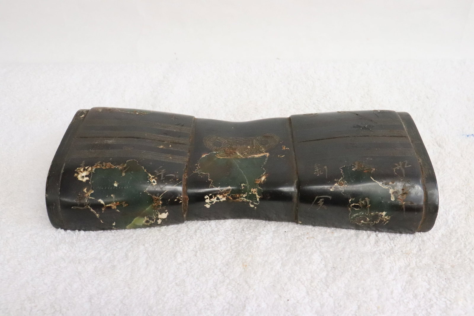 Large Chinese jade like stone carved pillow: Large Chinese jade like stone carved pillow with calligraphy, 1.45"x8.75"x3.7"