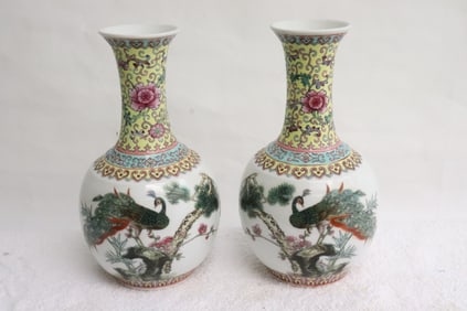 Pair Chinese vintage porcelain bottle vases