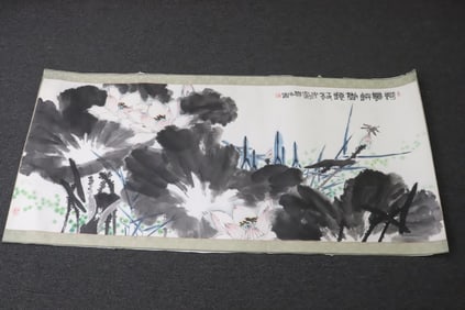 Chinese watercolor panel depicting lotus flowers