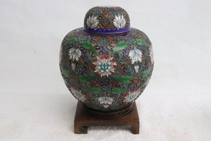 Fine champleve jar on wood stand