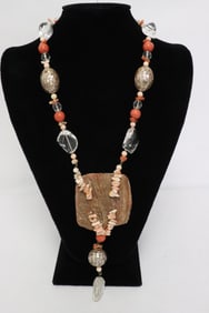 Necklace w/ coral, crystal & MOP decorated beads