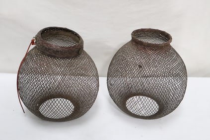 Pair Chinese antique bamboo weaved lantern shades