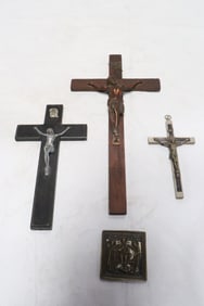 A bronze religious plaque, & 3 vintage crosses