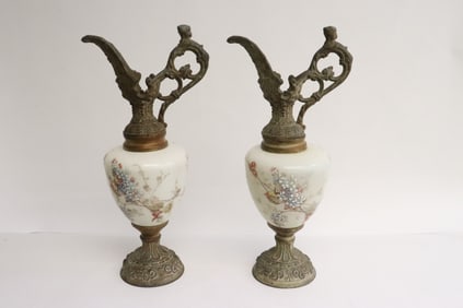 2 European metal and painted glass ewers