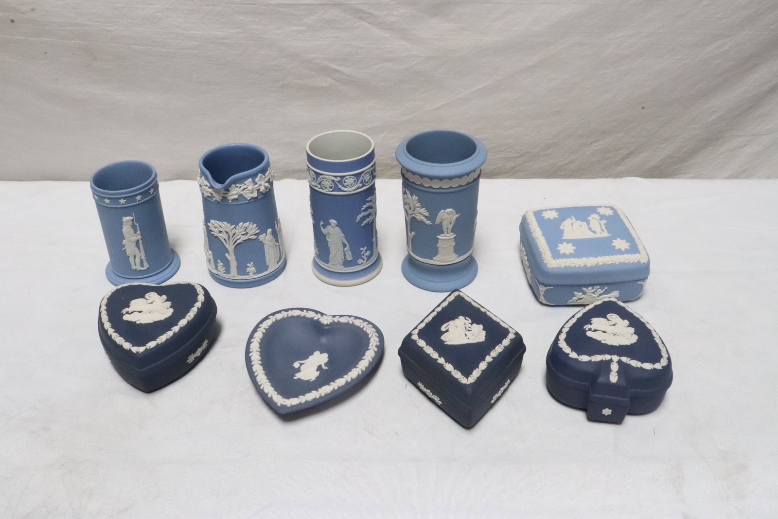 9 Wedgwood bisque pieces: 9 Wedgwood bisque pieces, 2"x3.8"x4" - 5.1"x3"dia