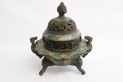 Chinese bronze based cloisonne tripod censer