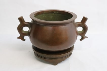 very heavy bronze handled censer w/ bronze base