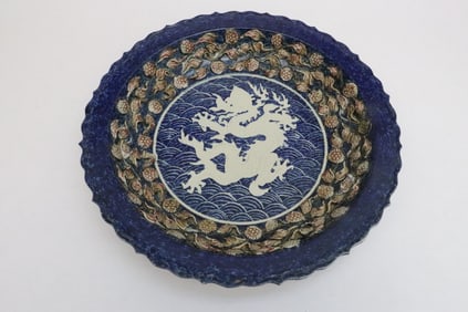 massive Chinese blue, red & white porcelain charger