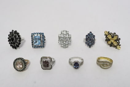 9 fancy sterling rings with stones
