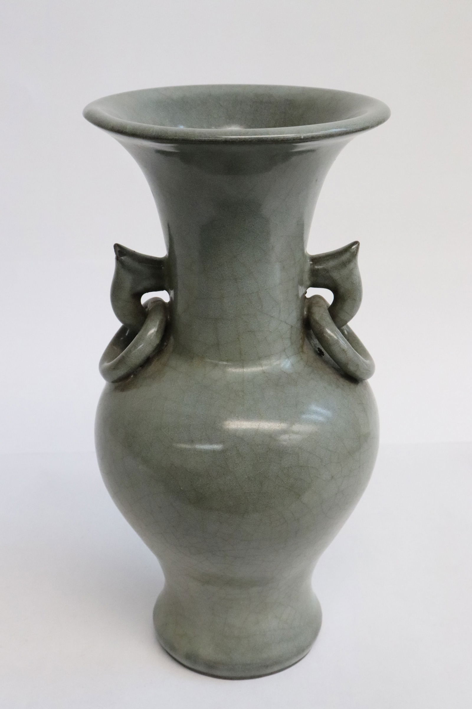 A grey glazed crackleware porcelain handled vase (1 of 8)