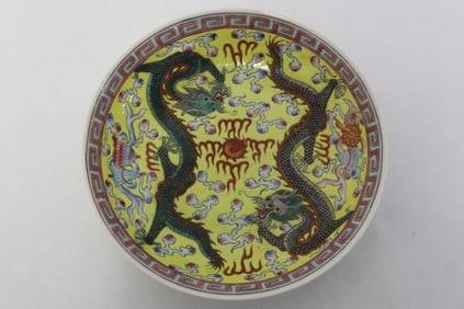 Chinese yellow background famille rose plate