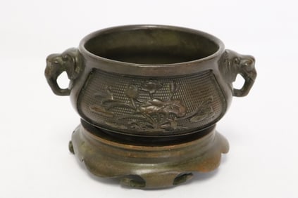 Chinese bronze open censer with bronze stand