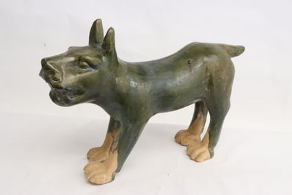 Han style green glazed earthenware model of dog