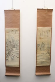 Pair Chinese antique watercolor scrolls