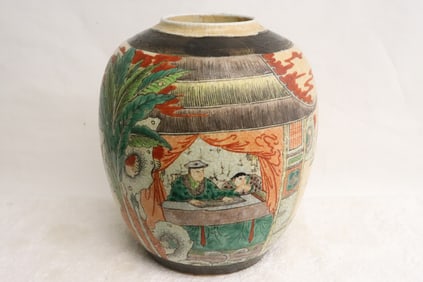 Chinese 19th c. wucai crackleware porcelain jar