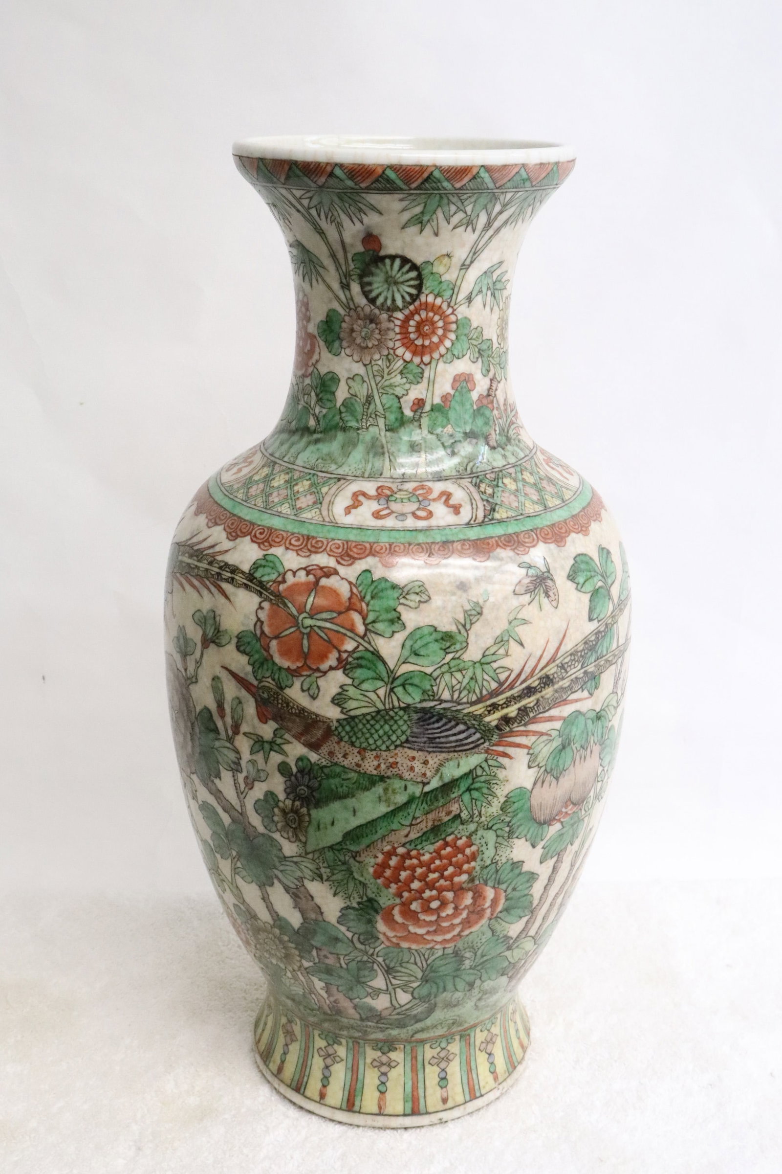Chinese 19th century wucai porcelain vase: Chinese 19th century wucai porcelain vase painted with birds and flowers scene, drilled, 16.6"x8"dia