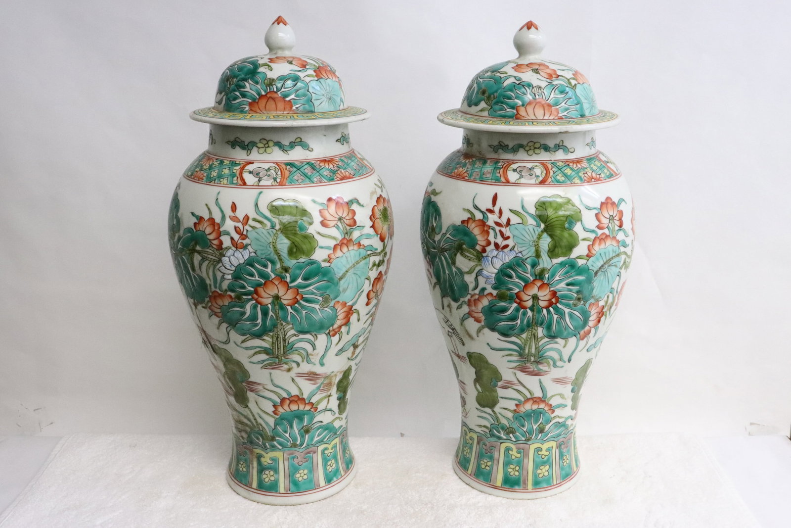 Pair Chinese famille rose porcelain covered jar: Pair Chinese famille rose porcelain covered jar decorated with birds and flowers, 18.5"x8.6"dia ea