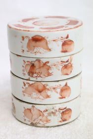Chinese vintage red & white porcelain stacked box set