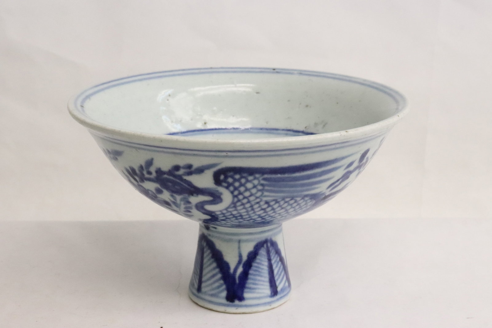 Chinese blue and white porcelain stem bowl: Chinese blue and white porcelain stem bowl with phoenix motif decoration, 4"x6.35"dia