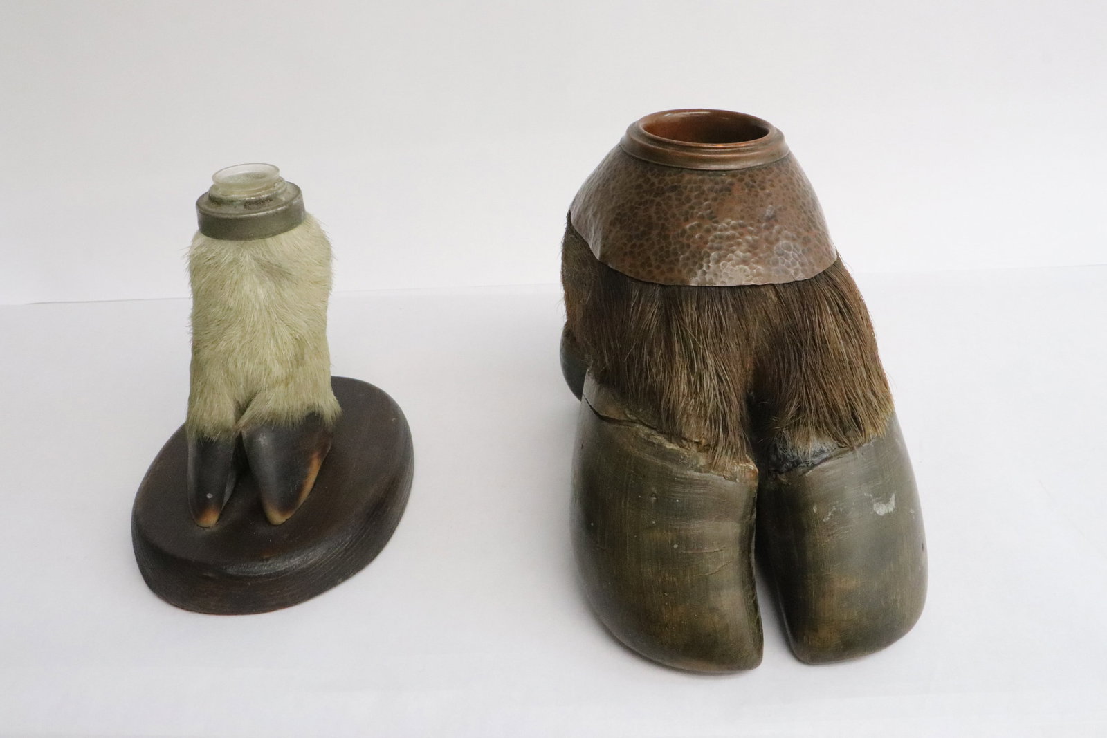 2 pieces: 2 pieces; a buffalo hoof ink bottle(?) (5.5"H), and a hoof glass ink bottle (4.2"H)