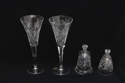 2 Waterford champagne goblets, & 2 Waterford bells
