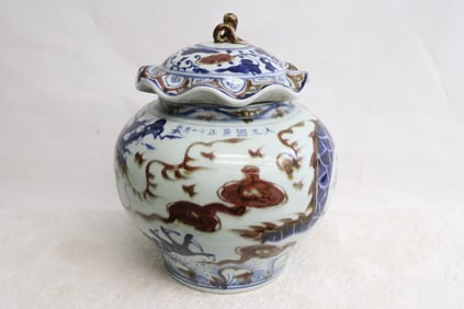 Chinese blue, red & white porcelain covered jar