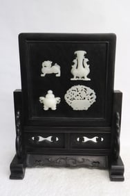 rosewood panel w/ Peking glass ornaments, on stand