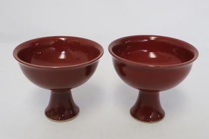 Pair red glazed porcelain stem cups
