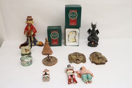 Stone carved mask, paper mache clown, etc