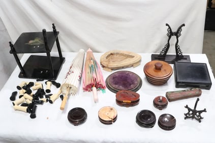 Lot of wood stands, umbrella, chess set, etc.