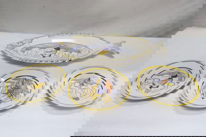 Large Henriot Quimper fish platter, & 3 round plates
