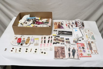 Large lot of sewing material, cloth forms, buttons, etc.