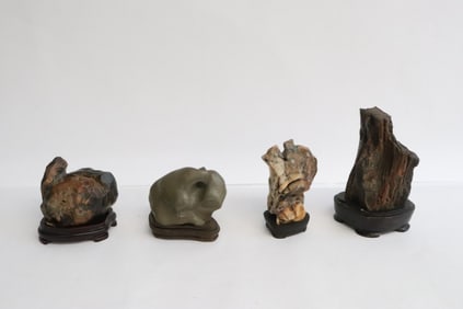 4 Chinese table top scholar stones on stand