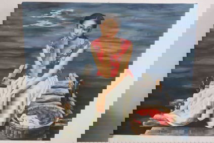 Oil on canvas painting "girl on waterfront"